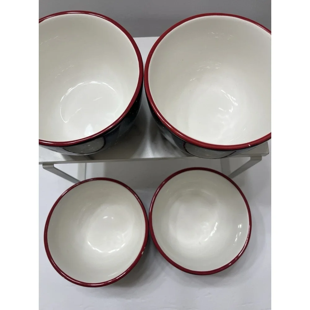 Christmas Snowman Bowls Ceramic Set Of 4 Black Background Multicolor 3.75x5.5